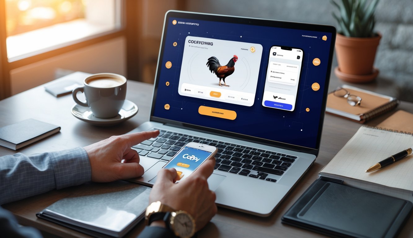 Seorang pria menggunakan laptop dan smartphone untuk memasang taruhan online dengan metode pembayaran digital di meja kerja.