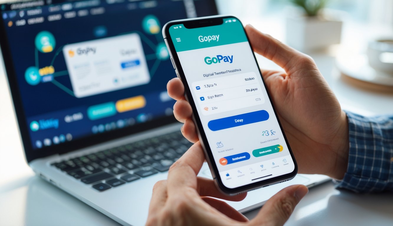 Seseorang memegang ponsel yang menampilkan aplikasi Gopay sedang melakukan proses deposit untuk taruhan online.