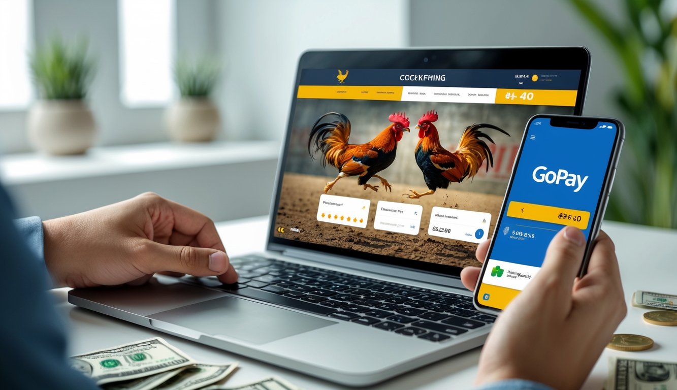 Seorang pengguna menggunakan smartphone untuk melakukan deposit Gopay pada situs taruhan sabung ayam online dengan laptop di meja kerja.