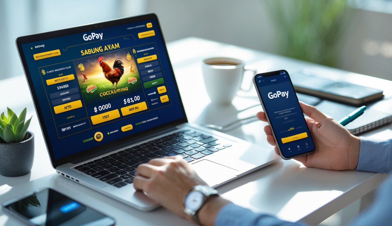 Seorang pria menggunakan laptop dan ponsel untuk memasang taruhan sabung ayam secara online dengan pembayaran melalui aplikasi Gopay di meja kerja yang terang.