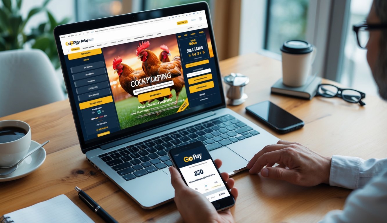 Seseorang menggunakan laptop dan ponsel untuk memasang taruhan sabung ayam online dengan pembayaran melalui Gopay di meja kerja yang rapi.