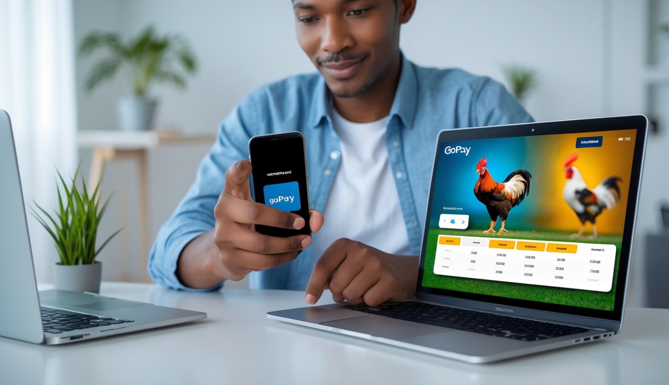 Seorang pria muda menggunakan ponsel untuk melakukan pembayaran online sambil melihat pertandingan sabung ayam di laptop.
