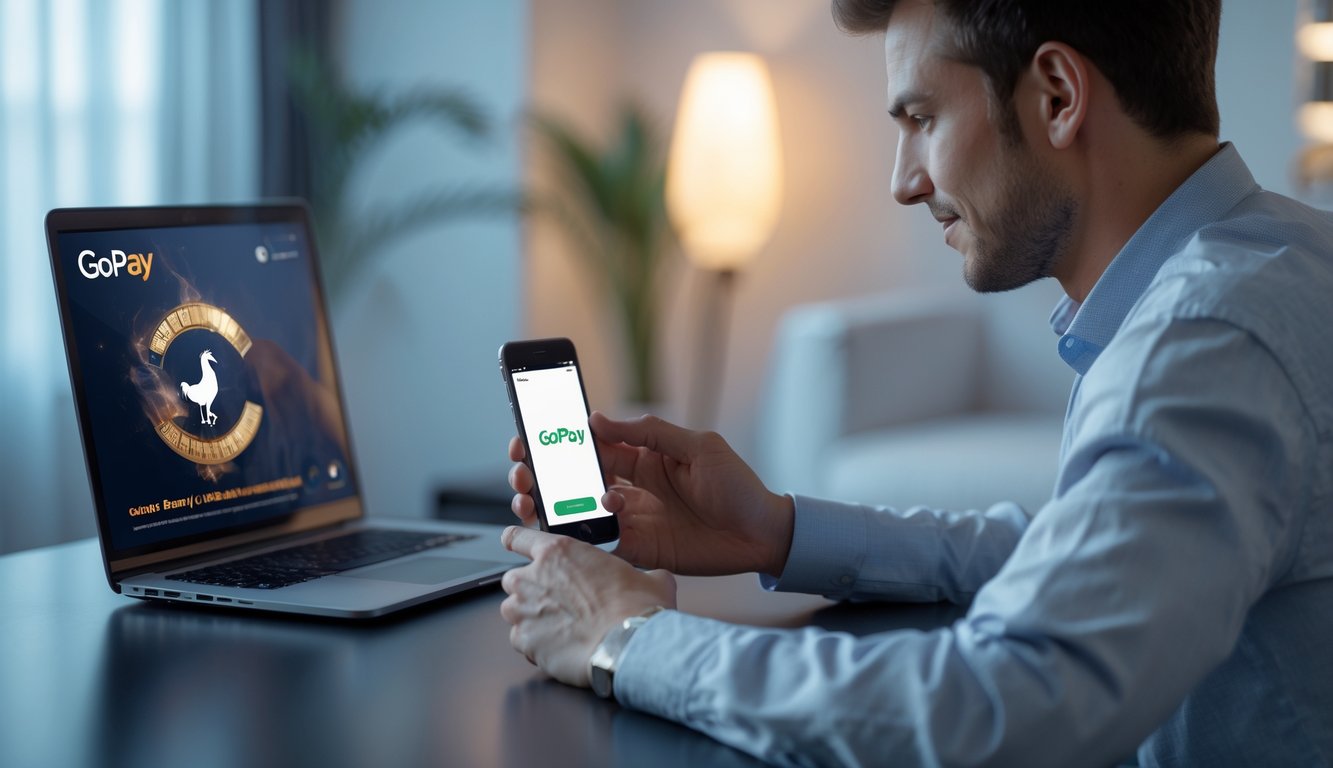 Seorang pria muda menggunakan ponsel dan laptop di meja modern, menunjukkan transaksi digital dengan aplikasi Gopay untuk taruhan online.