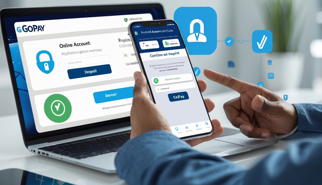 Seseorang menggunakan laptop dan smartphone untuk melakukan pendaftaran dan verifikasi akun dengan pembayaran Gopay.