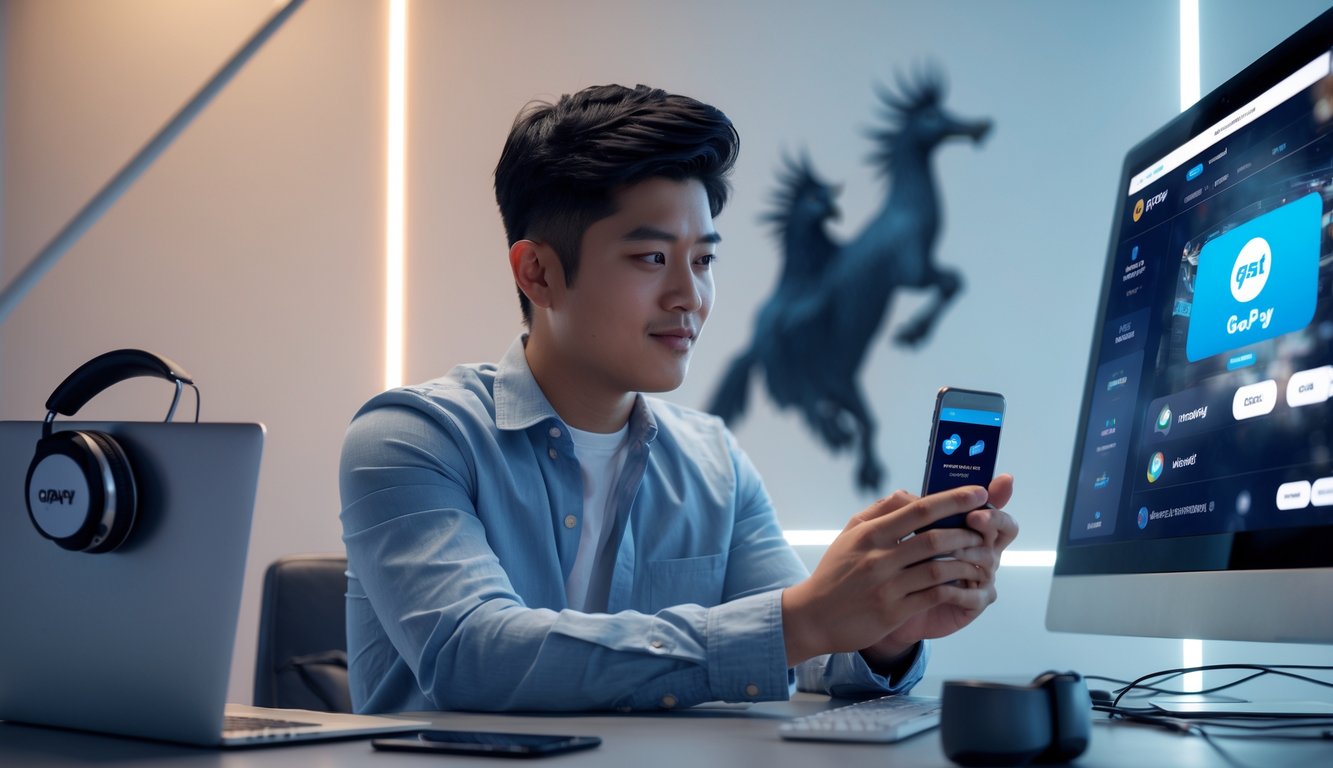 Seorang pria muda menggunakan ponsel pintar dengan aplikasi dompet digital Gopay di meja kerja modern.