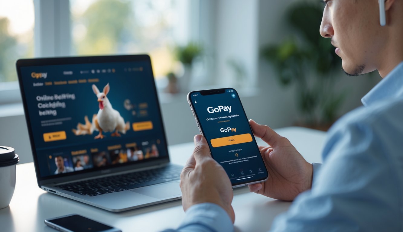 Seorang pria muda menggunakan ponsel untuk melakukan transaksi online dengan Gopay di meja kerja modern.