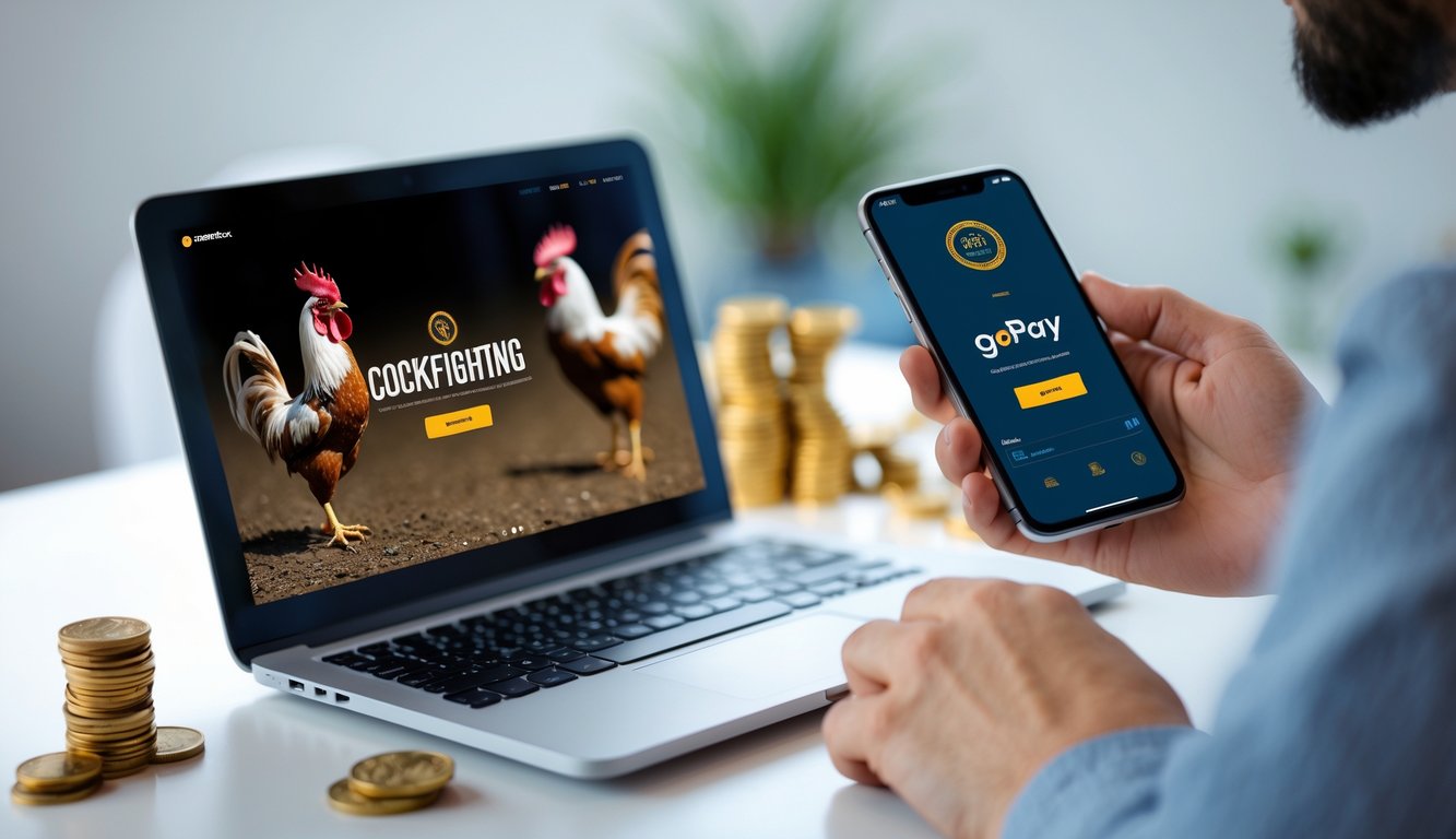 Orang menggunakan smartphone untuk melakukan deposit digital di depan laptop dengan gambar ayam aduan di layar.
