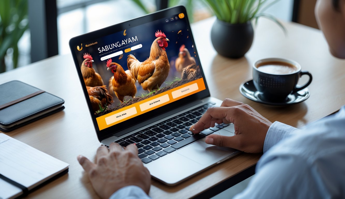 Seseorang menggunakan ponsel untuk memasang taruhan sabung ayam online dengan metode pembayaran digital di ruang kerja yang rapi.