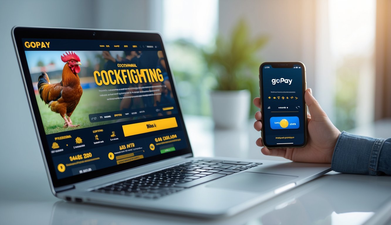 Seorang pria menggunakan laptop dan smartphone untuk taruhan sabung ayam online dengan metode pembayaran digital.