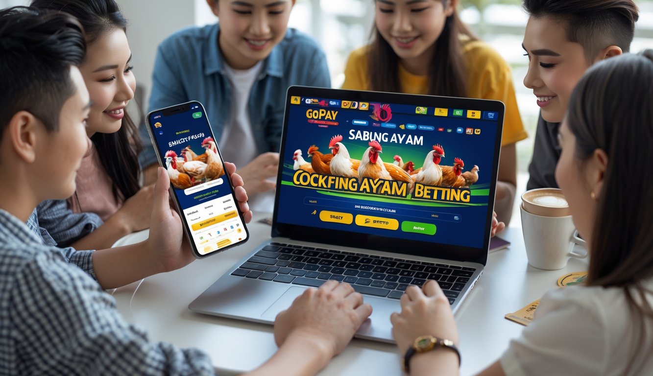 Beberapa orang muda sedang menggunakan laptop dan ponsel untuk bertaruh sabung ayam online dengan pembayaran digital di meja yang rapi.