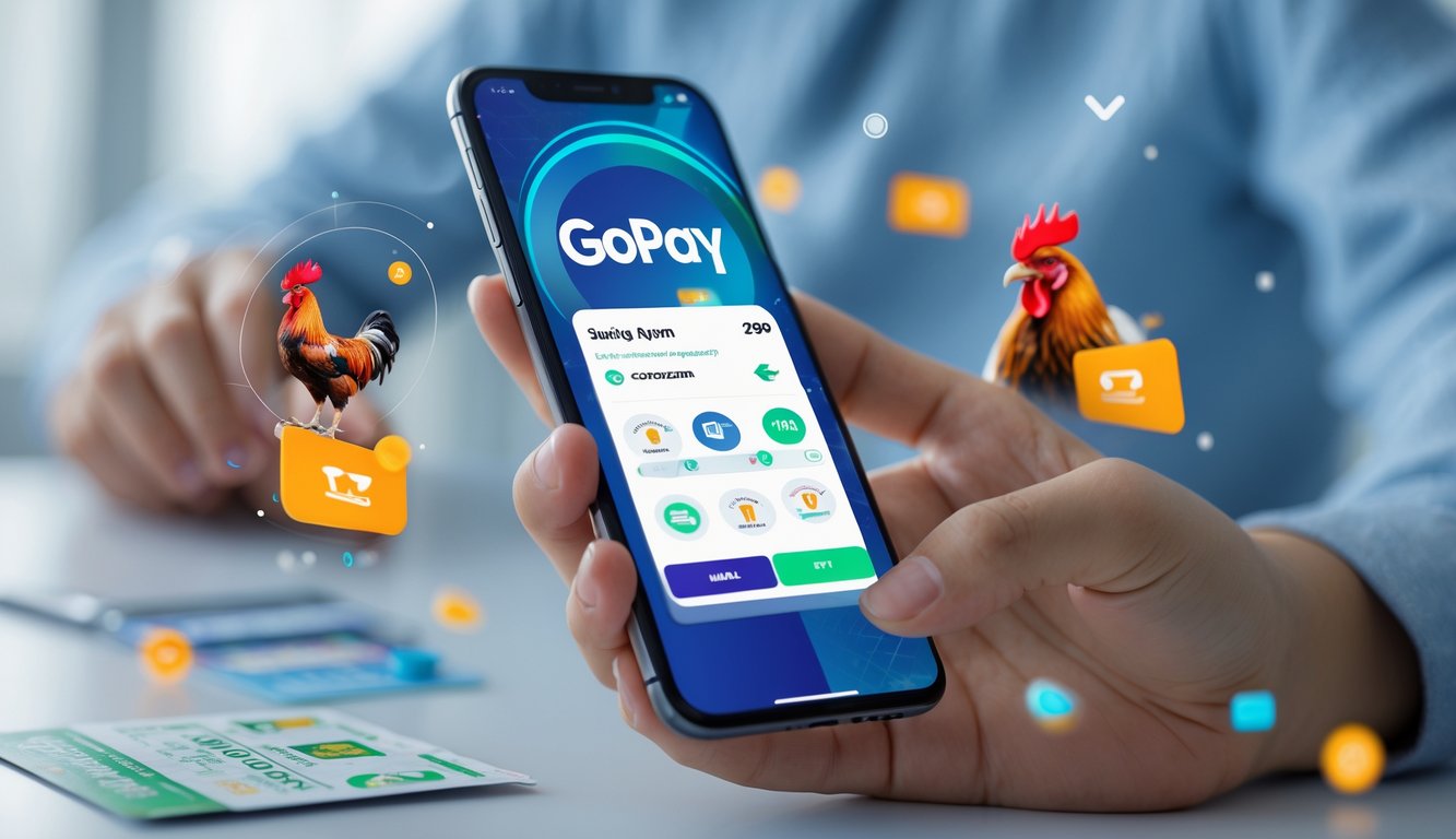 Seseorang memegang smartphone yang menampilkan aplikasi Gopay, dengan latar belakang samar yang menggambarkan aktivitas taruhan sabung ayam online.