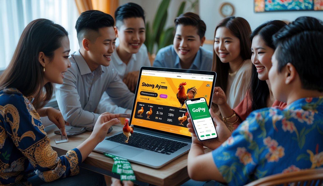 Sekelompok orang muda sedang menggunakan laptop dan ponsel untuk memasang taruhan sabung ayam secara online dengan pembayaran digital di suasana rumah yang nyaman.