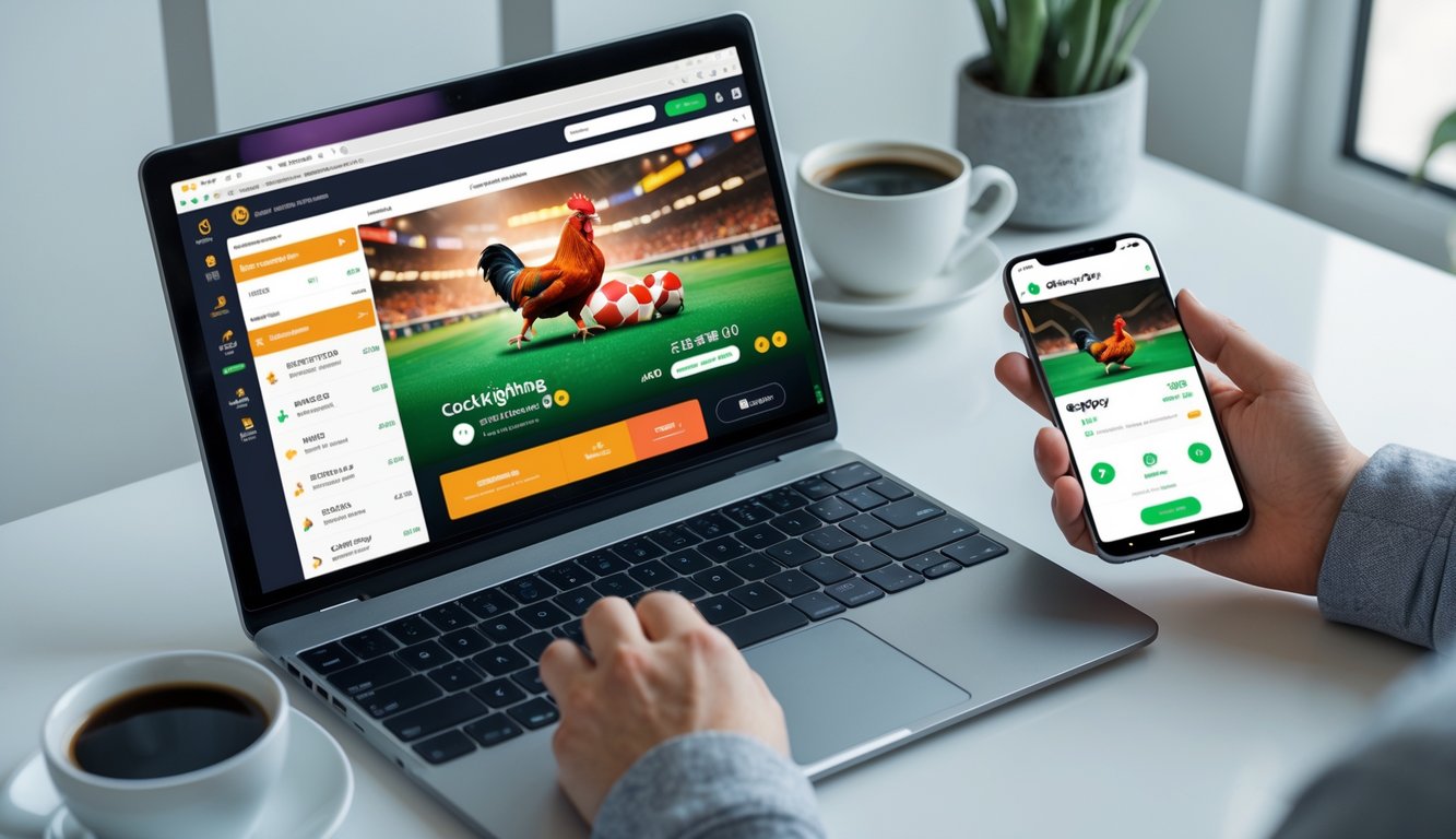 Seseorang menggunakan laptop dan ponsel untuk melakukan transaksi pembayaran digital dengan aplikasi Gopay di meja kerja yang rapi.