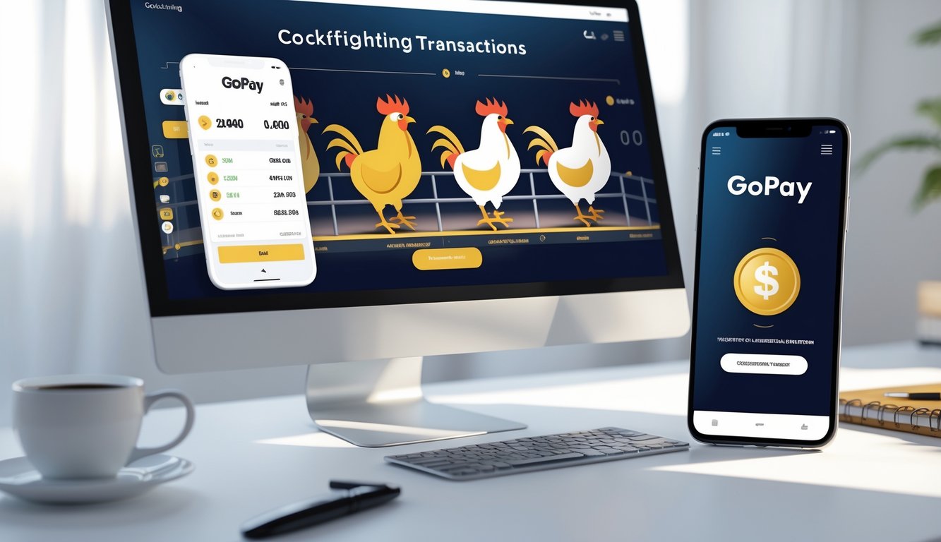 Meja kerja dengan laptop yang menampilkan platform taruhan sabung ayam online dan ponsel yang menunjukkan aplikasi pembayaran Gopay.