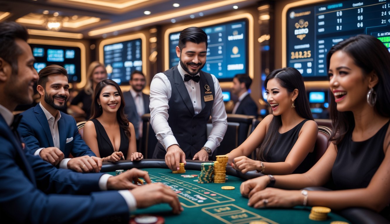 Seorang dealer kasino hidup yang profesional sedang mengelola meja permainan dengan pemain yang fokus dan bersemangat di sekitarnya dalam suasana kasino yang mewah dan modern.