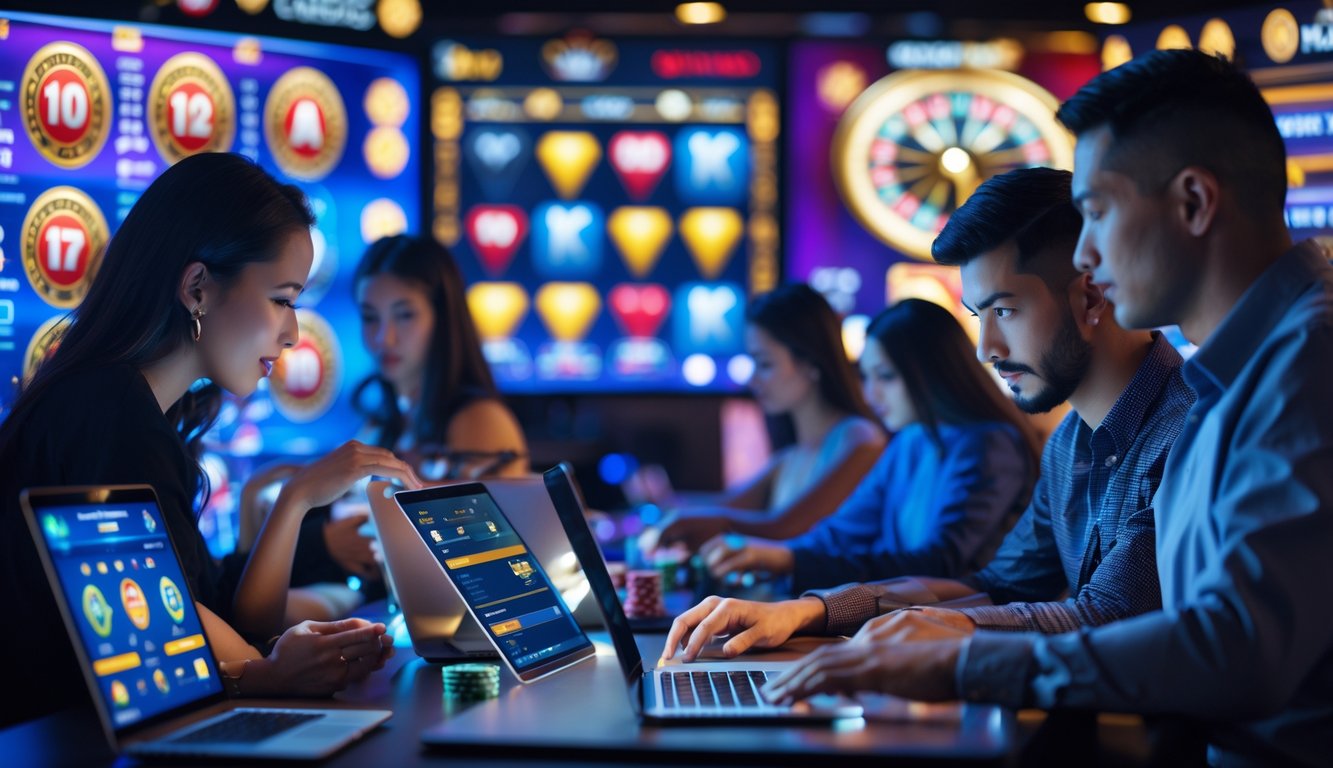 Orang-orang bermain kasino online dengan perangkat digital dalam suasana yang aman dan terpercaya.