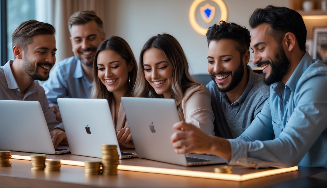 Orang-orang sedang bermain permainan kasino online secara langsung menggunakan laptop dan ponsel di lingkungan rumah yang nyaman.