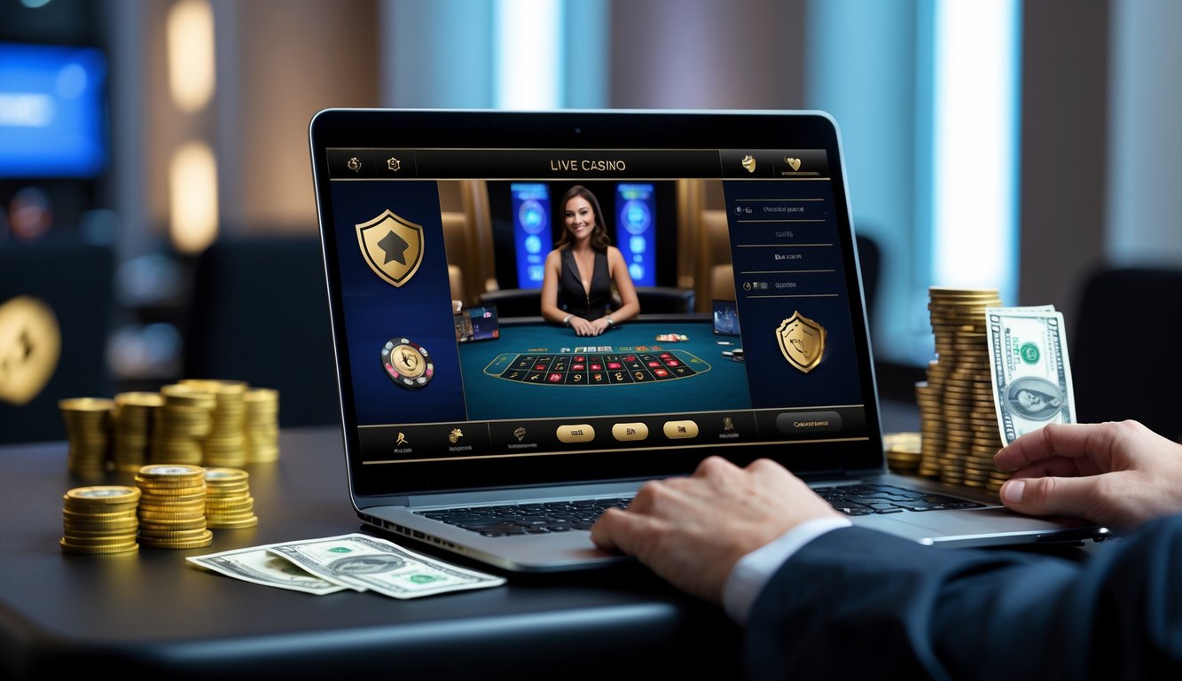 Suasana kasino online langsung dengan dealer yang sedang bermain di layar komputer, menampilkan elemen keamanan dan opsi setoran minimal.