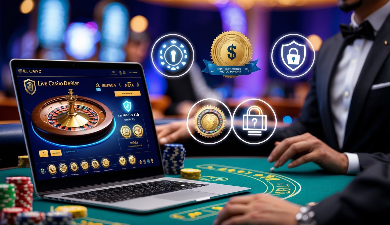 Seorang pengguna sedang bermain kasino online langsung dengan dealer nyata di layar perangkat, menunjukkan suasana aman dan terpercaya.