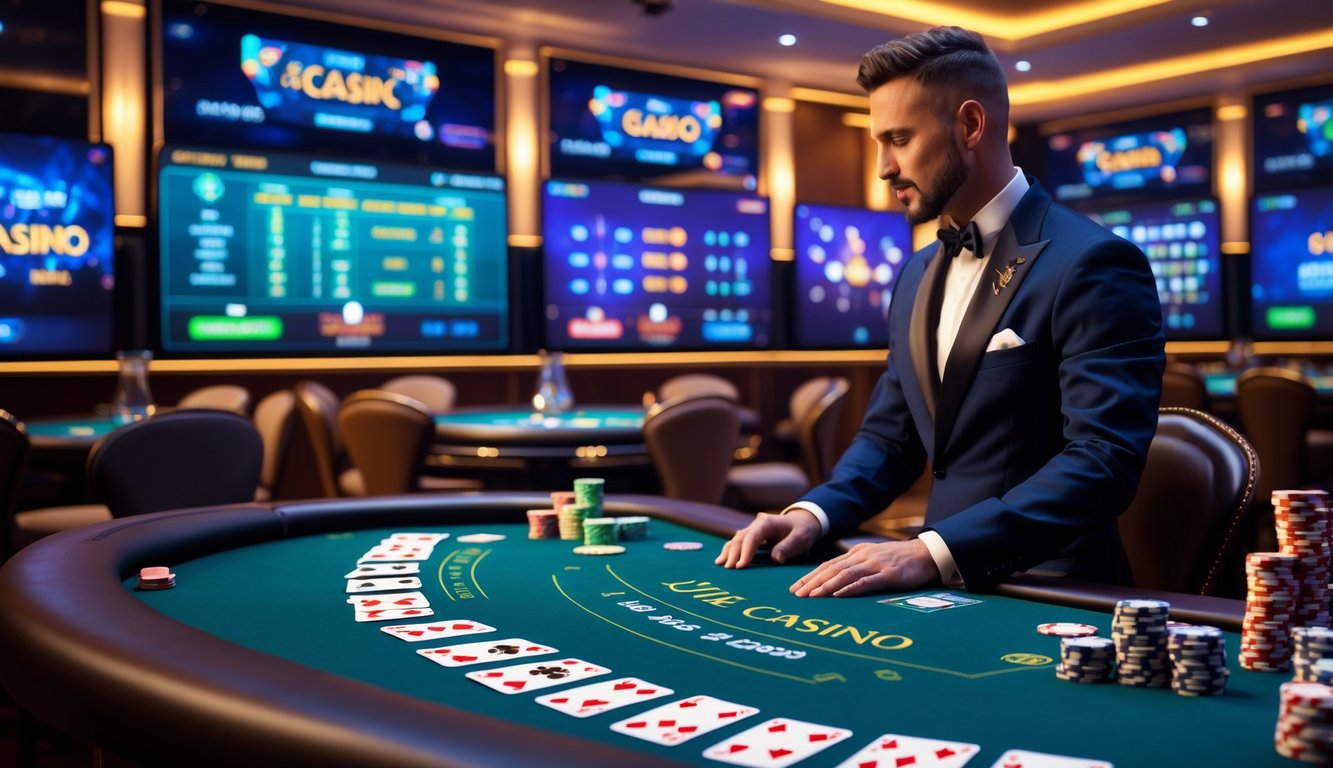 Seorang dealer profesional di meja kasino langsung dengan kartu dan chip, dikelilingi layar digital yang menampilkan permainan kasino secara real-time.