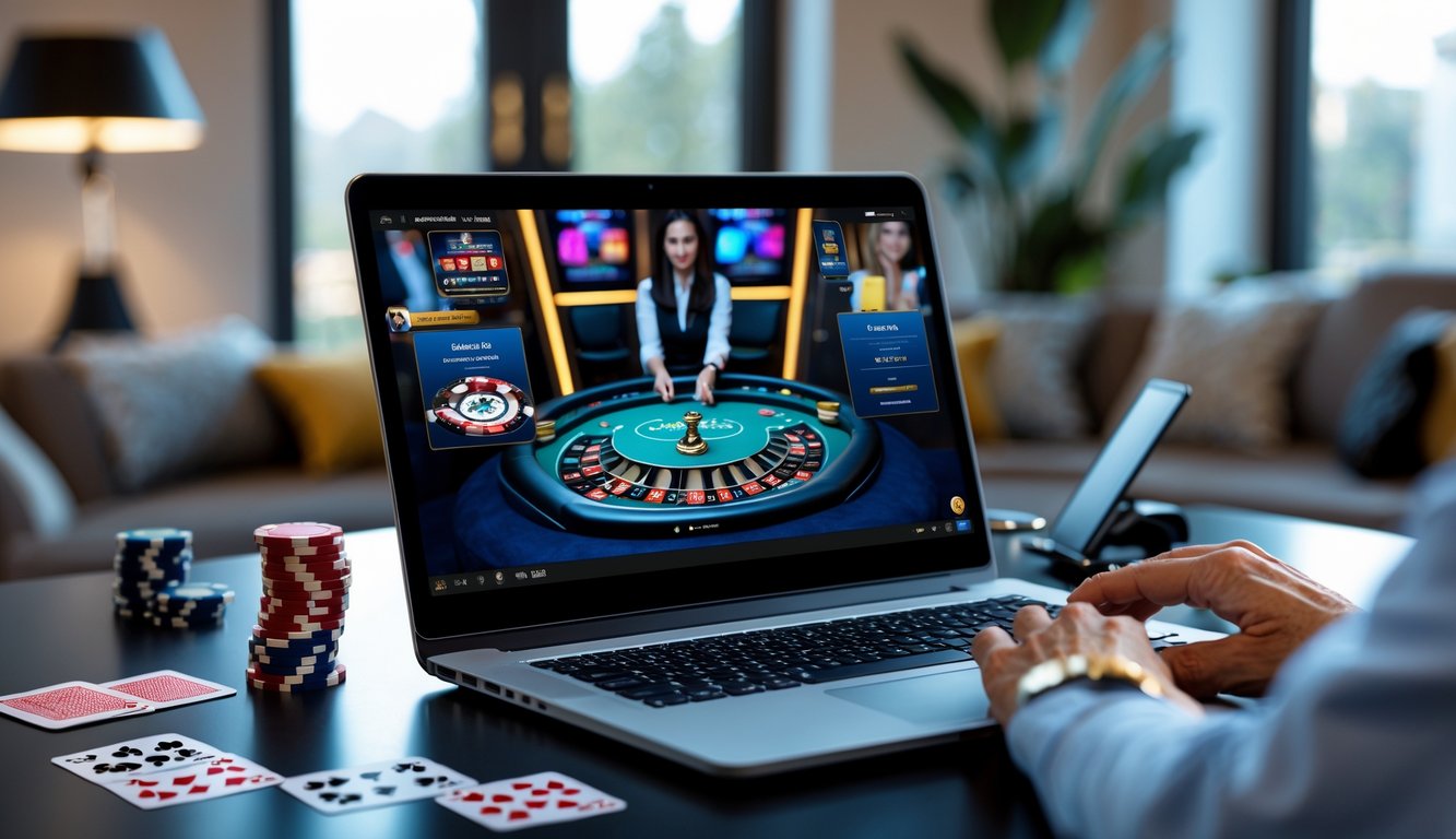 Seorang dewasa sedang menggunakan komputer untuk bermain kasino langsung online dengan latar belakang peralatan kasino seperti chip dan kartu.