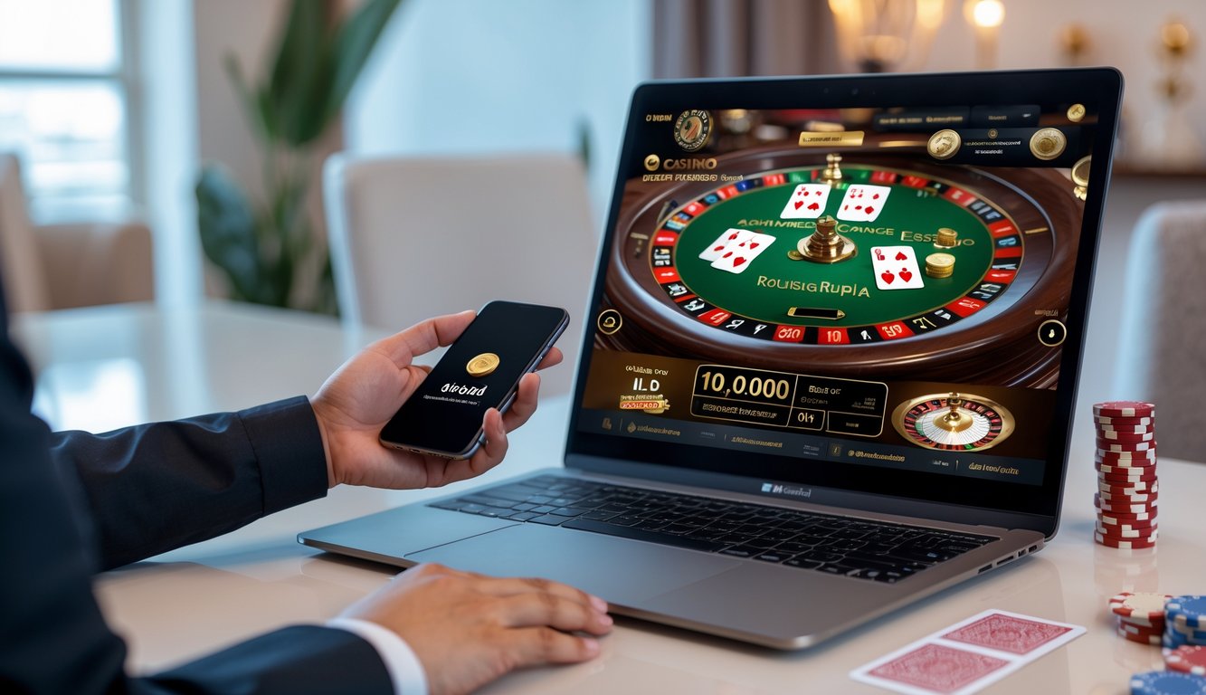 Seseorang menggunakan komputer dan ponsel untuk bermain kasino online dengan tampilan dealer langsung dan transaksi deposit kecil.