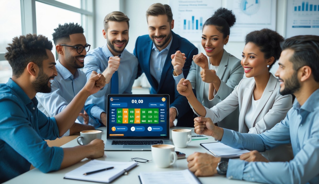 Beberapa orang sedang menggunakan laptop dan ponsel untuk bermain togel online di sebuah kantor yang terang dan modern.