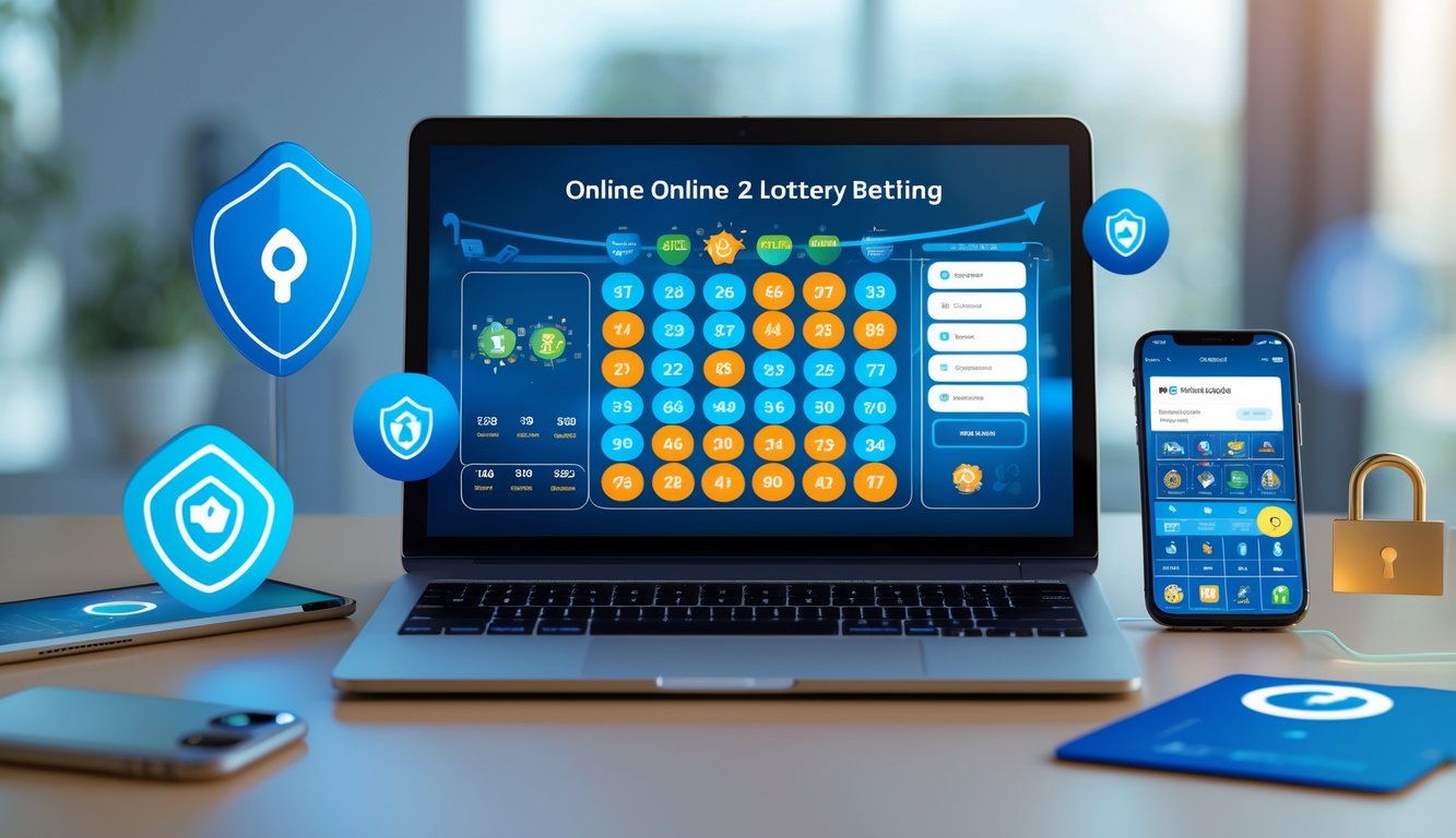 Sebuah ruang kerja digital dengan laptop dan ponsel yang menampilkan antarmuka permainan togel online resmi, dikelilingi oleh simbol keamanan dan taruhan terpercaya.