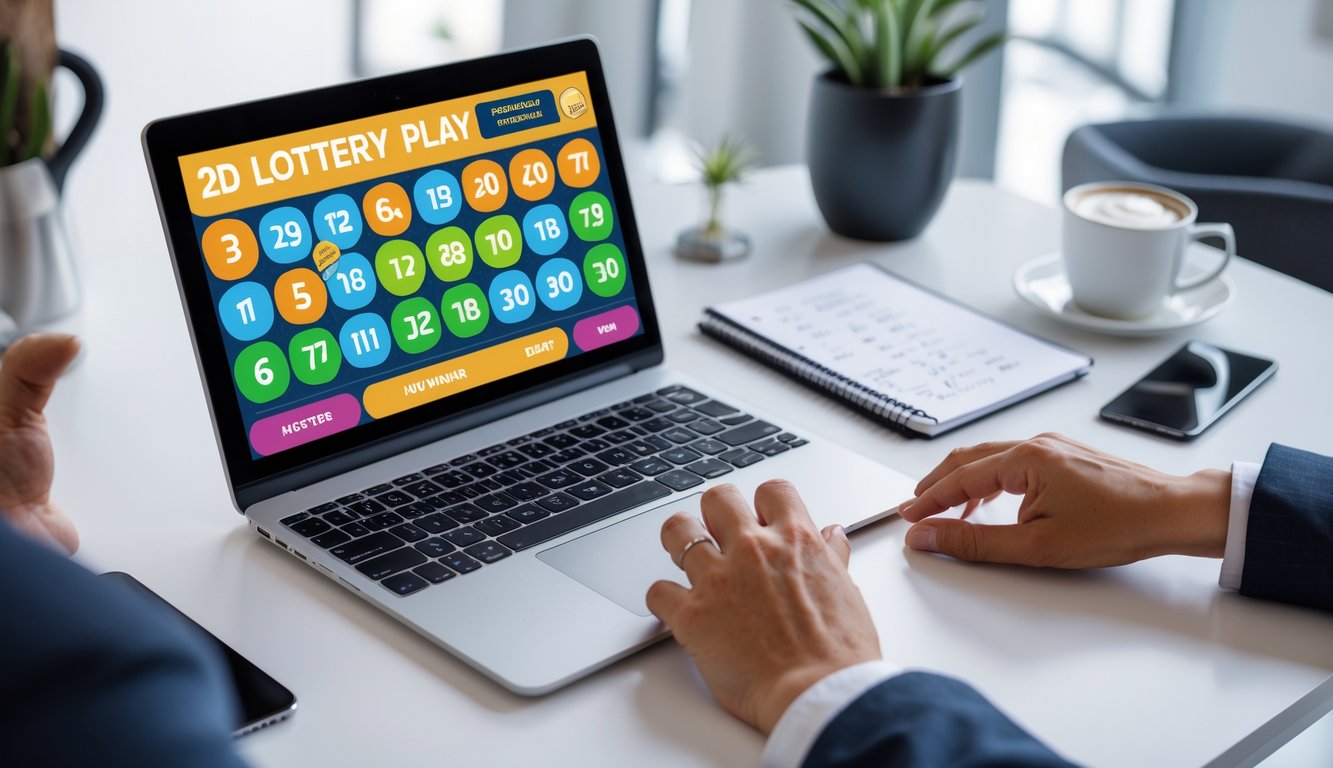 Seseorang menggunakan laptop untuk bermain togel online dengan layar menampilkan antarmuka permainan dan alat tulis di meja.