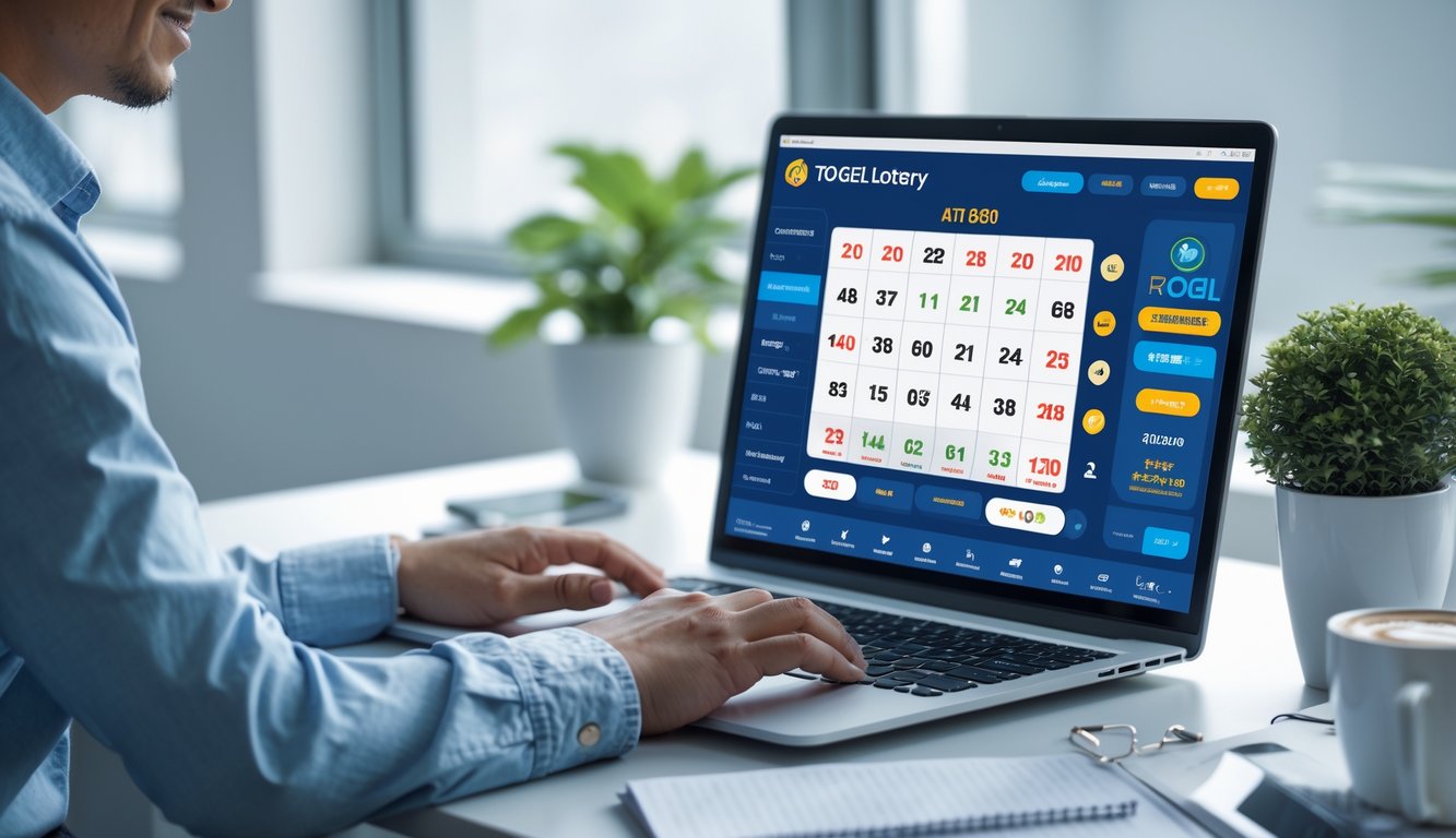 Seseorang menggunakan laptop di meja kerja dengan tampilan permainan togel online 2D di layar, dikelilingi oleh ponsel, kopi, dan catatan di ruangan yang terang.