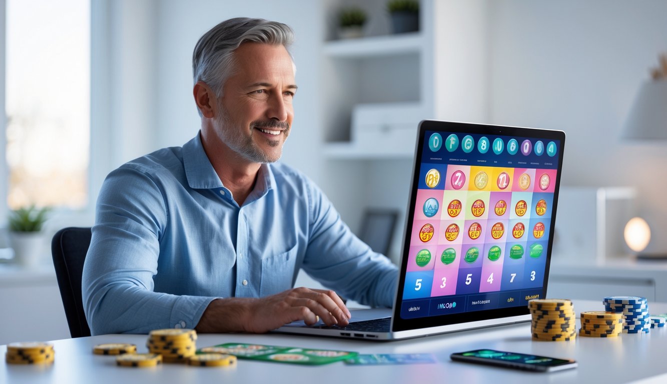 Seorang pria dewasa duduk di meja dengan laptop, fokus pada layar yang menampilkan antarmuka lotere digital, di ruangan kantor rumah yang terang dan rapi.
