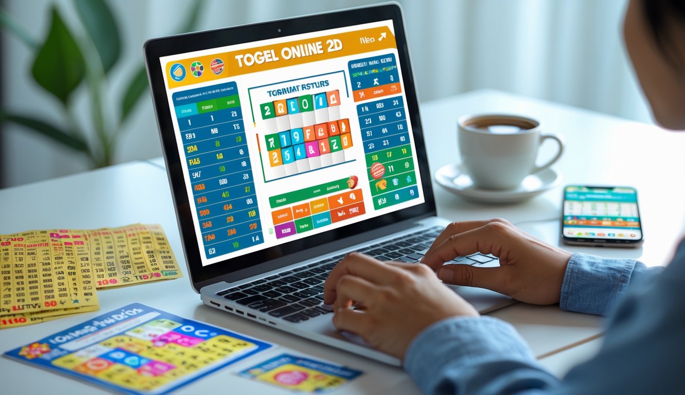 Seseorang menggunakan laptop dengan tampilan situs togel online, dikelilingi tiket lotre dan smartphone di meja kerja.