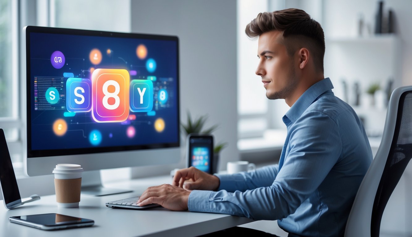 Seorang pria muda duduk di meja kerja dengan komputer, tampak fokus menggunakan platform togel online dalam suasana kantor rumah yang rapi.