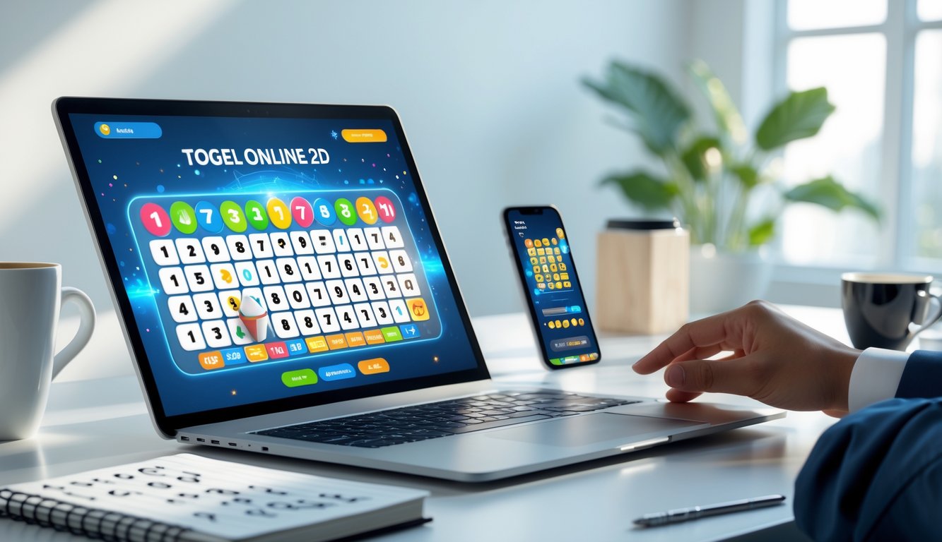 Seseorang menggunakan laptop dengan tampilan permainan togel online, dikelilingi oleh smartphone, buku catatan, dan secangkir kopi di meja kerja yang rapi.