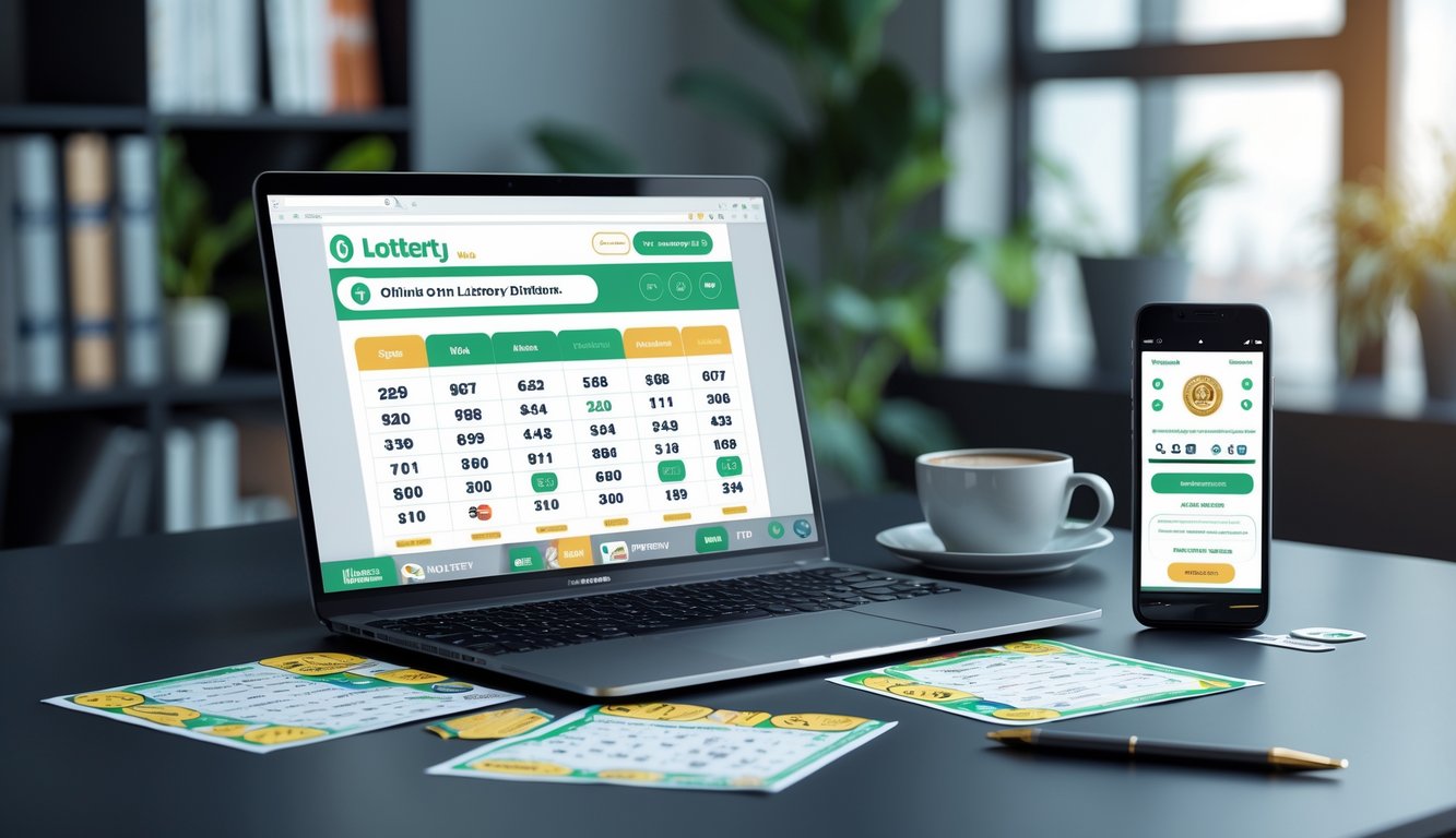 Sebuah ruang kerja modern dengan laptop dan ponsel yang menampilkan situs togel online, tiket togel di atas meja, dan suasana yang tenang.