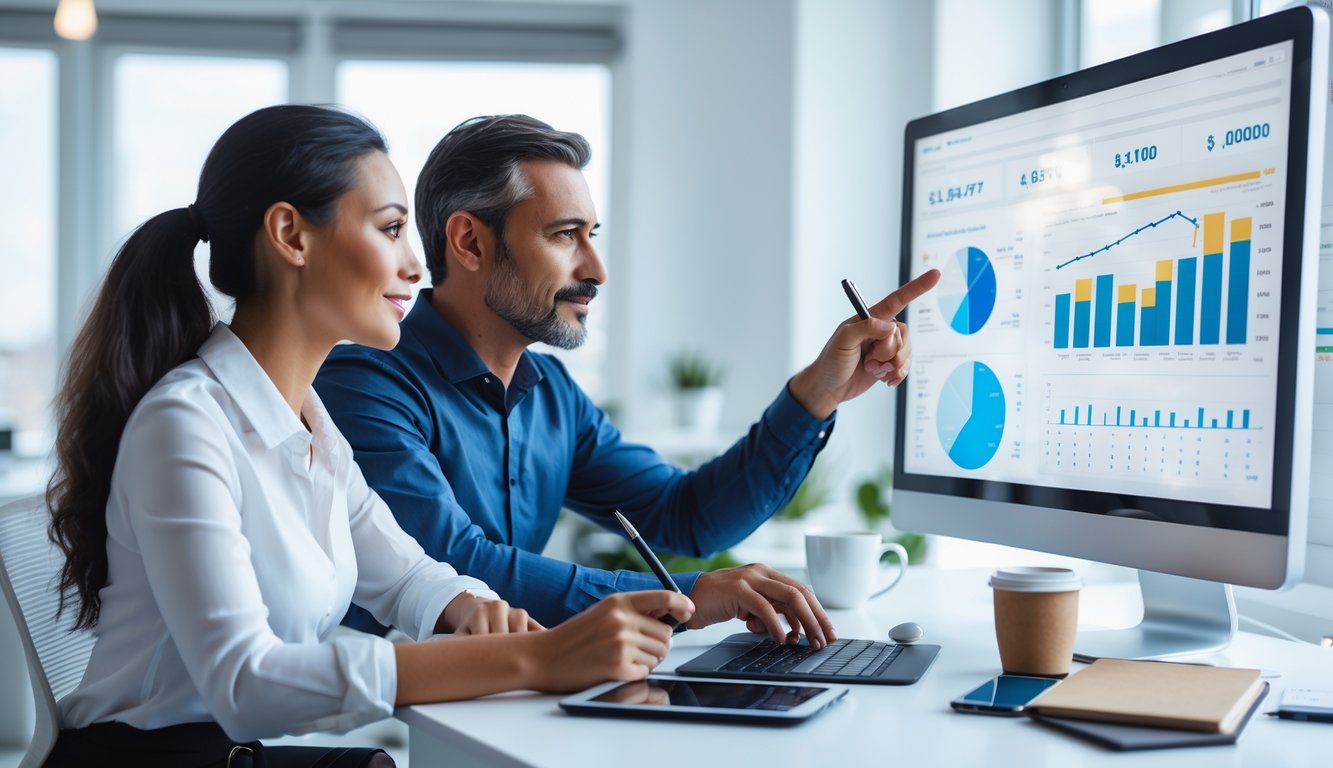Dua orang dewasa duduk di meja kantor modern sambil melihat layar komputer besar yang menampilkan grafik dan data, menunjukkan suasana kerja fokus dan kolaboratif.