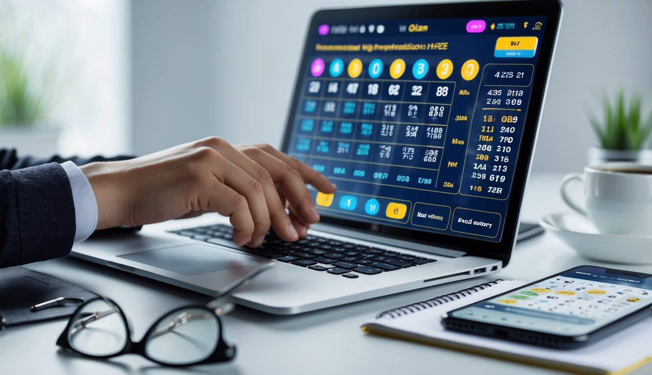 Seorang pemain sedang menggunakan laptop dan ponsel di meja kerja untuk bermain togel online dengan suasana fokus dan rapi.