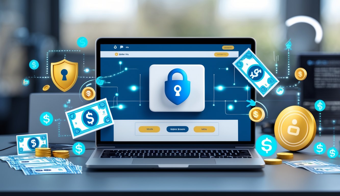 Seorang pengguna duduk di depan laptop dengan tampilan situs taruhan togel online yang aman dan terpercaya, dikelilingi ikon keamanan dan simbol hadiah menarik.