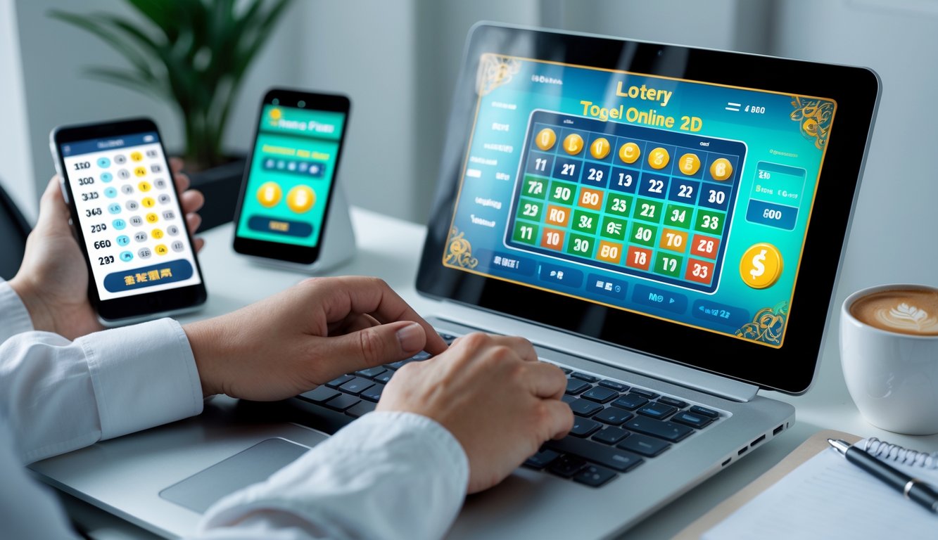 Seseorang menggunakan komputer dengan layar menampilkan permainan togel online 2D di lingkungan rumah atau kantor yang rapi dan terang.