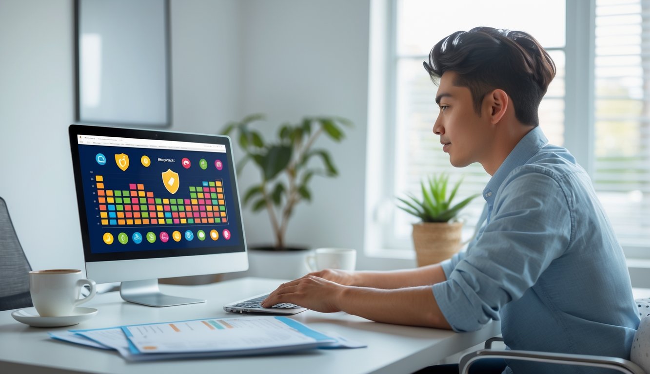 Seseorang duduk di depan laptop di ruang kerja rumah yang terang, fokus melihat layar dengan grafik dan angka, menunjukkan aktivitas togel online.