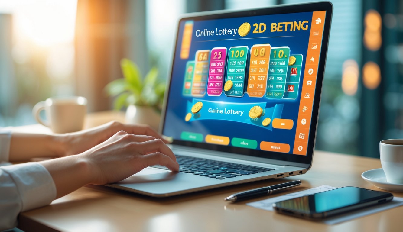 Tangan seseorang menggunakan laptop di meja yang rapi dengan layar menampilkan antarmuka permainan togel online, dikelilingi oleh cangkir kopi, ponsel, dan buku catatan.