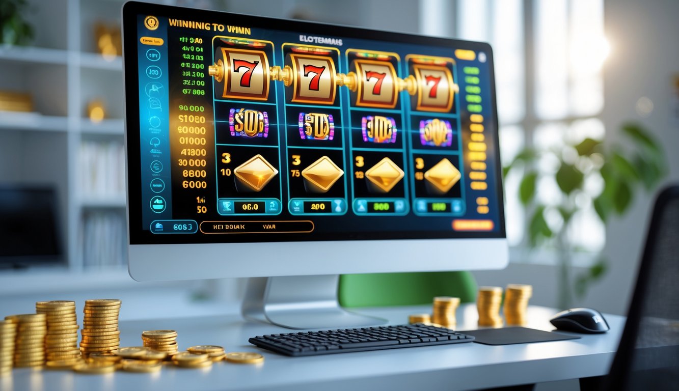 Seseorang sedang bermain slot online di komputer dengan koin dan simbol keberuntungan di sekitar meja.