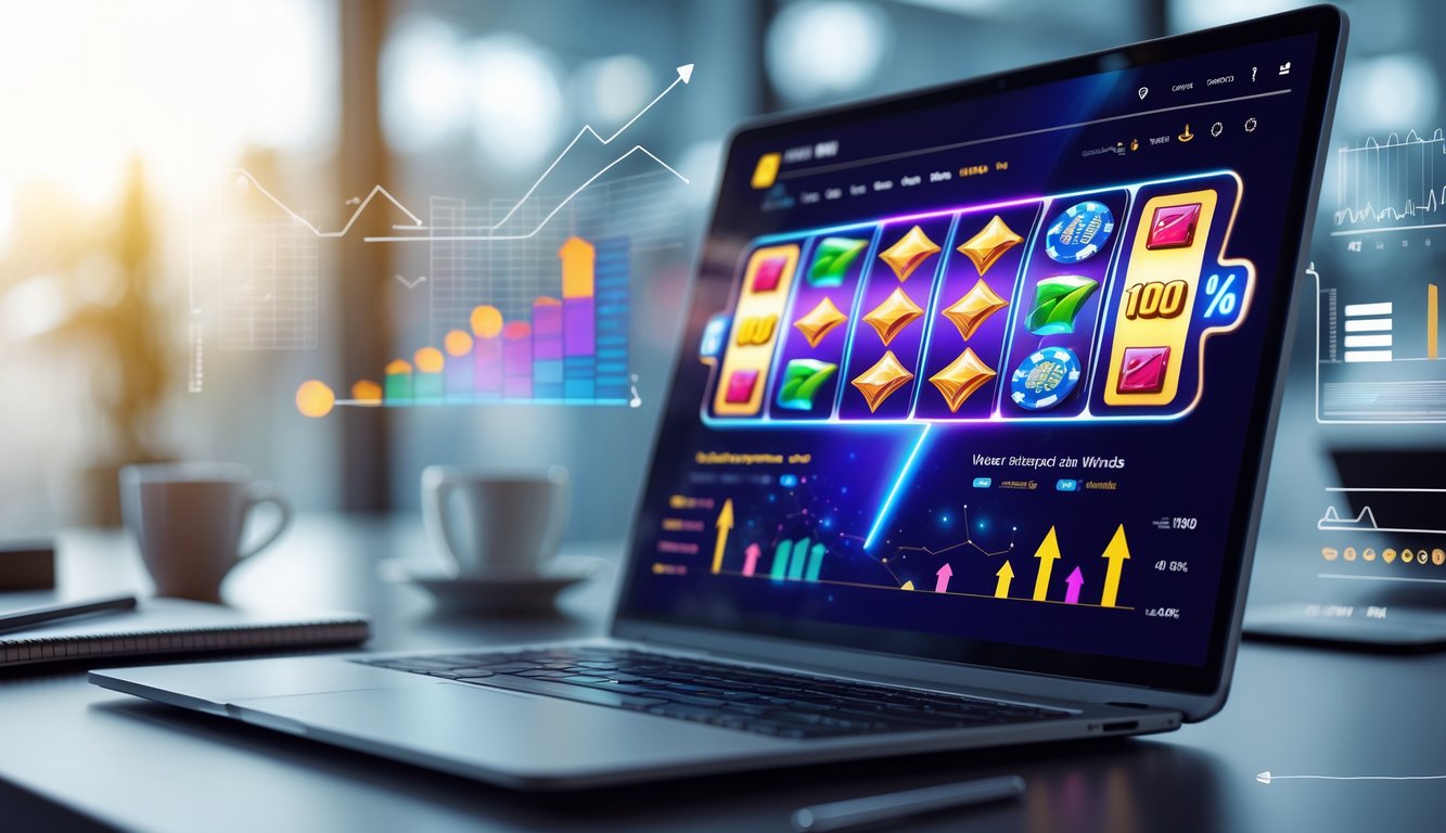 Seorang pengguna melihat layar komputer yang menampilkan permainan slot online dengan grafik dan simbol berwarna-warni, dikelilingi oleh elemen data dan statistik di ruang kerja yang rapi.