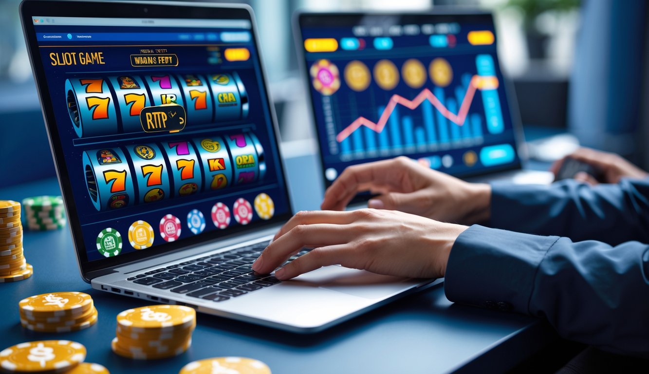 Seseorang menggunakan laptop dengan tampilan grafik mesin slot dan diagram keuntungan di meja kerja modern.