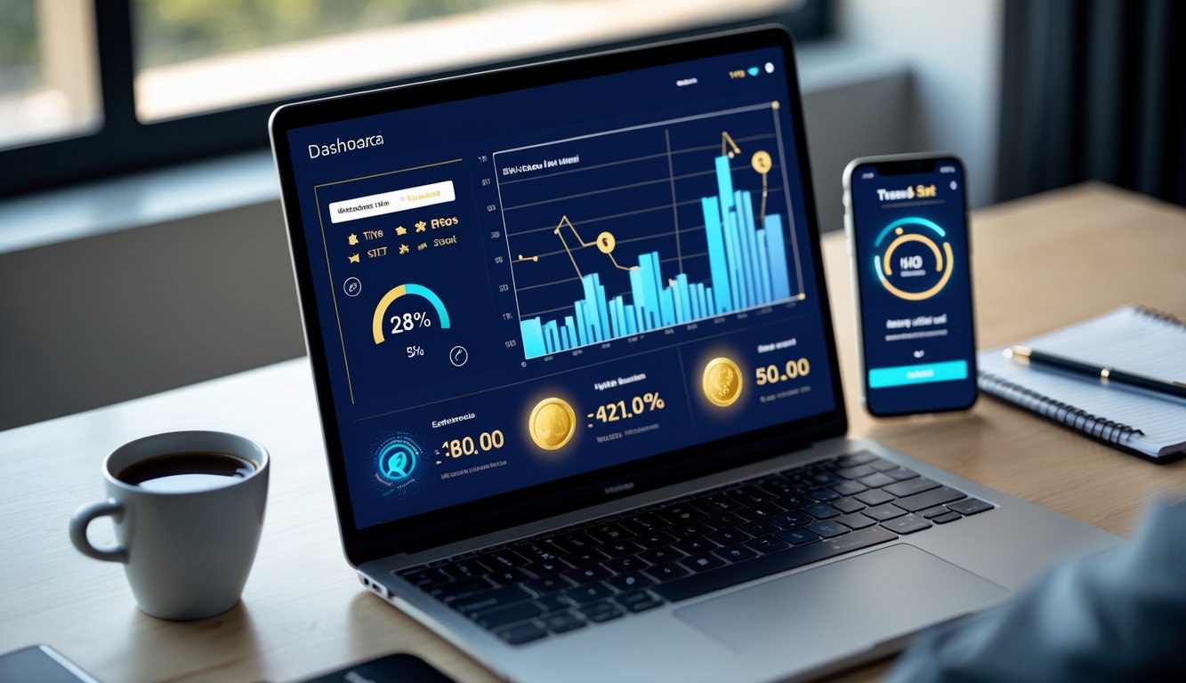 Meja kerja modern dengan laptop dan ponsel yang menampilkan data dan situs slot online terpercaya.
