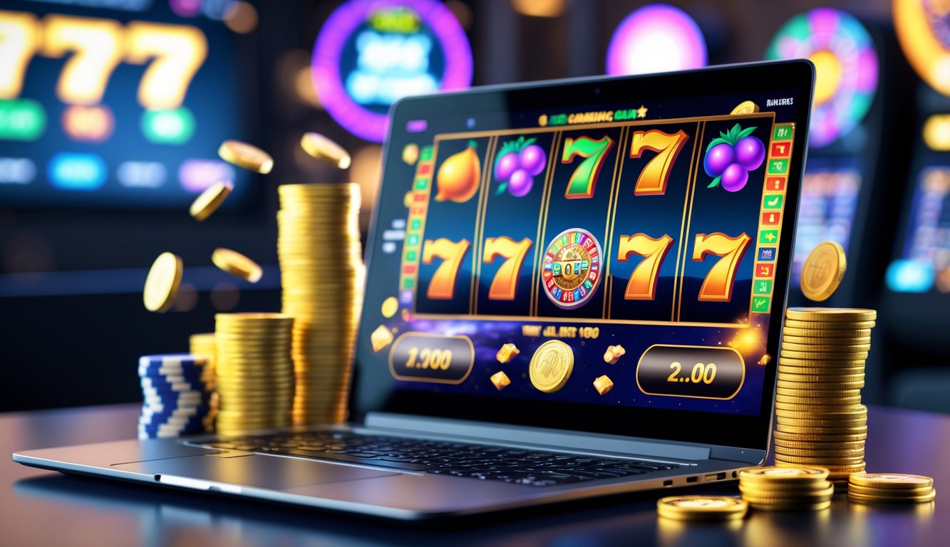 Seorang pemain yang sedang menggunakan komputer dengan tampilan permainan slot online berwarna-warni dan tumpukan koin emas di sekitarnya.