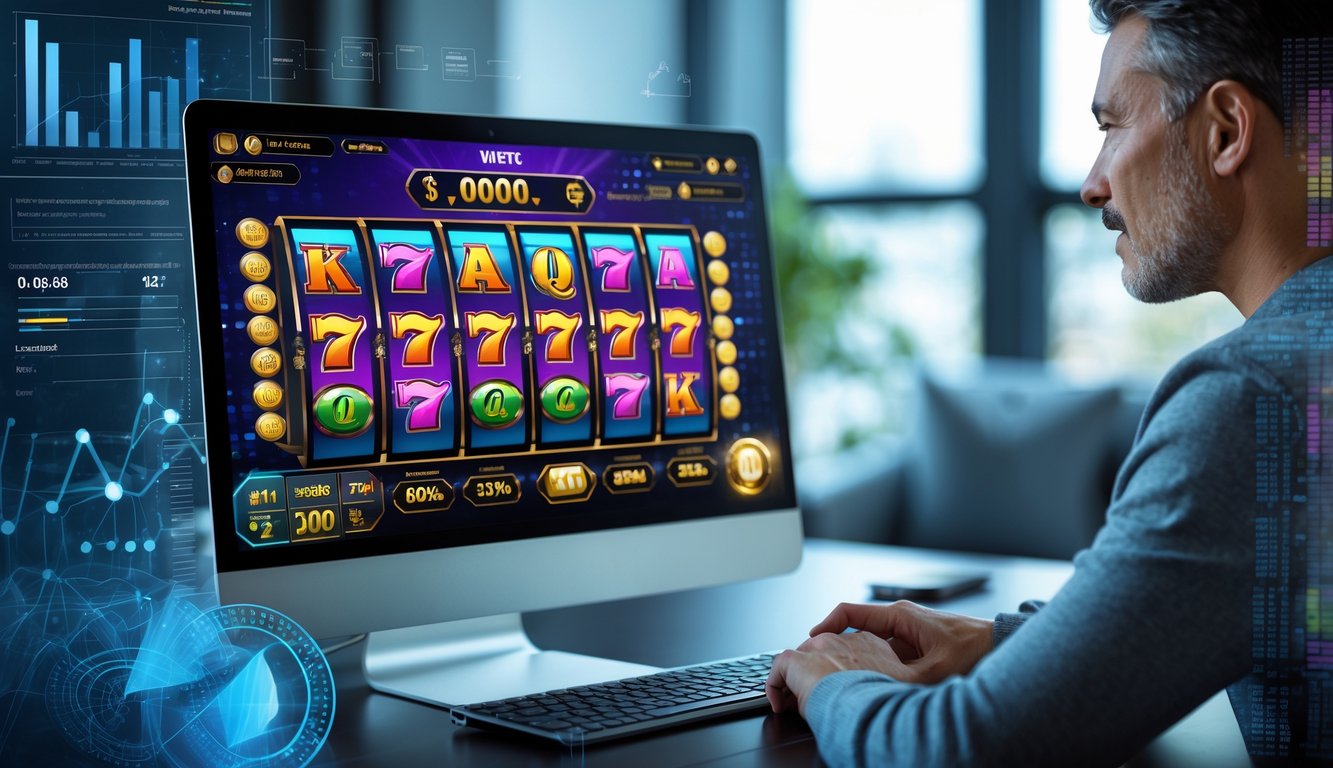 Seorang pemain dewasa sedang menggunakan komputer dengan permainan slot online yang menampilkan grafik warna-warni dan data RTP di layar.