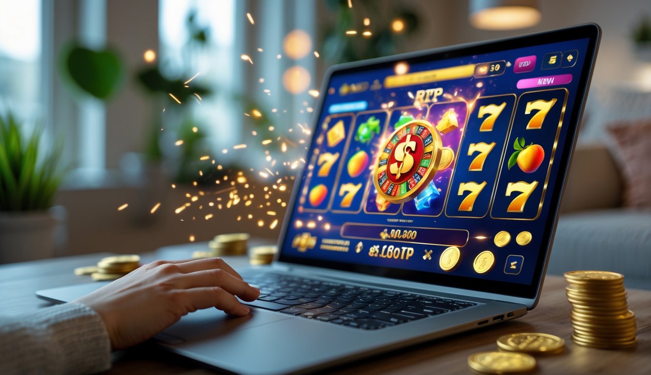 Seseorang bermain permainan slot online di komputer dengan tampilan layar penuh warna dan simbol kemenangan besar.