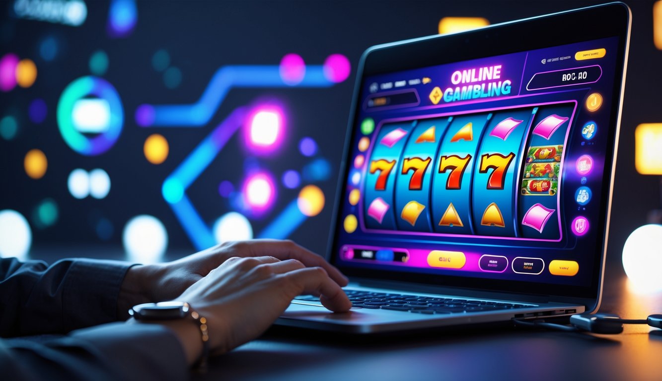 Seseorang sedang menggunakan laptop atau ponsel untuk bermain permainan slot online dengan latar belakang teknologi digital dan suasana yang profesional.