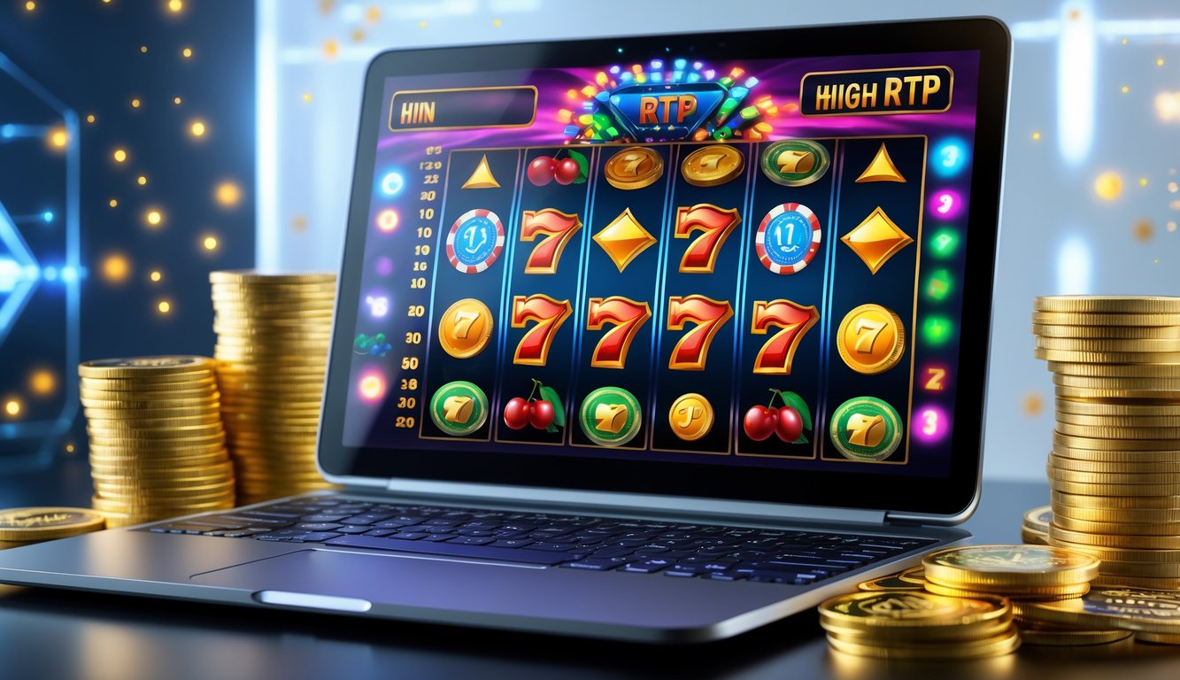 Seorang pemain menggunakan komputer dengan layar menampilkan permainan mesin slot berwarna-warni dan tumpukan chip kasino serta koin emas di sekitarnya.